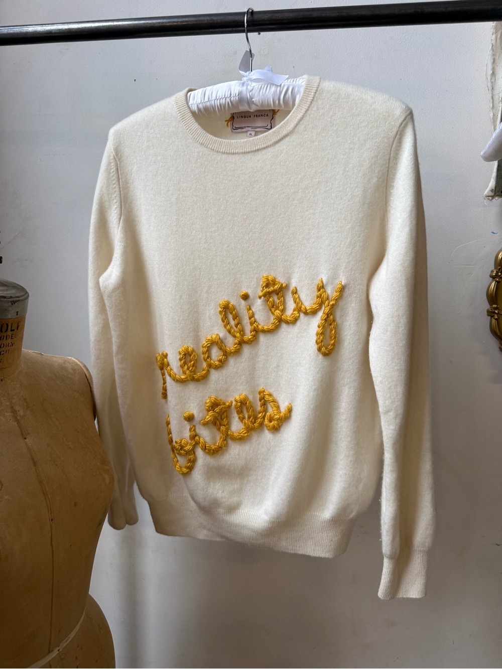 LINGUA FRANCA Cream Embroidered 'Reality Bites' Crewneck Sweater Cashmere XL